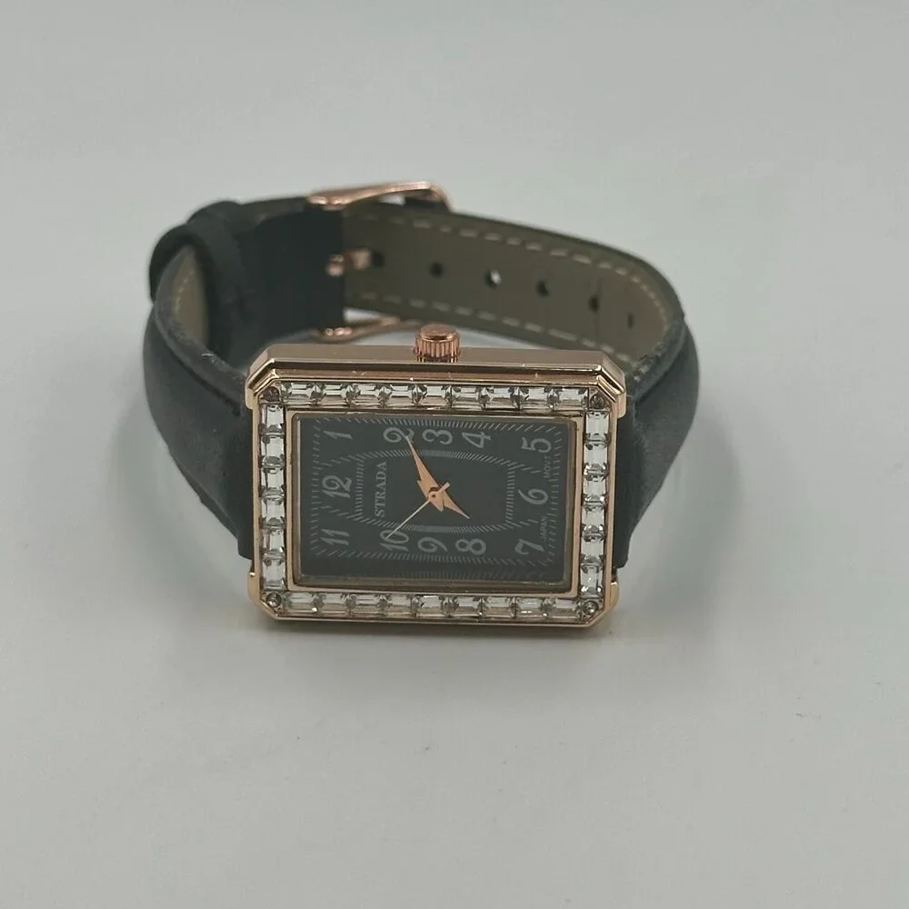 Strada Watch Women Rose Gold Tone Black Dial Crystal Bezel New Battery 9